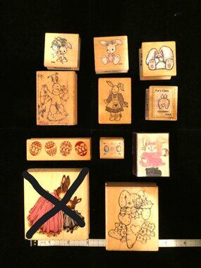 Set of 10 Easter Rabbit Themed Wood Block Stamps (2) Precious Moments